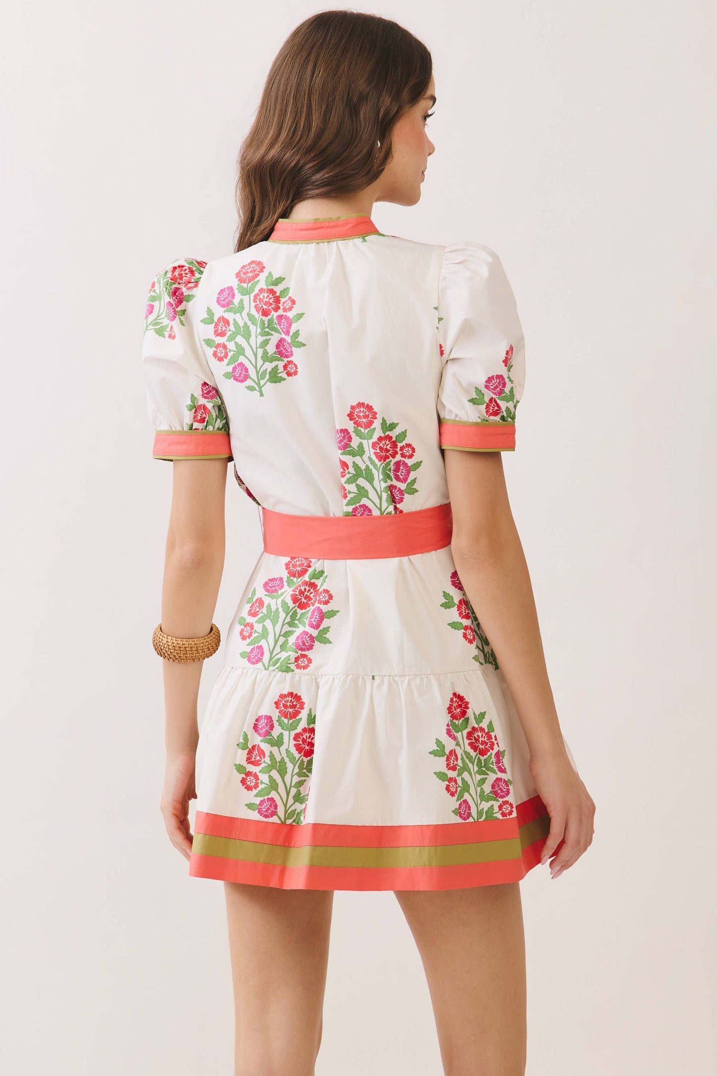 Floral Coral Trim Puff Sleeve Belted Mini Dress