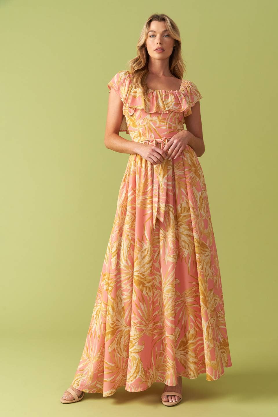 Pink Floral Flutter Top Maxi Dress
