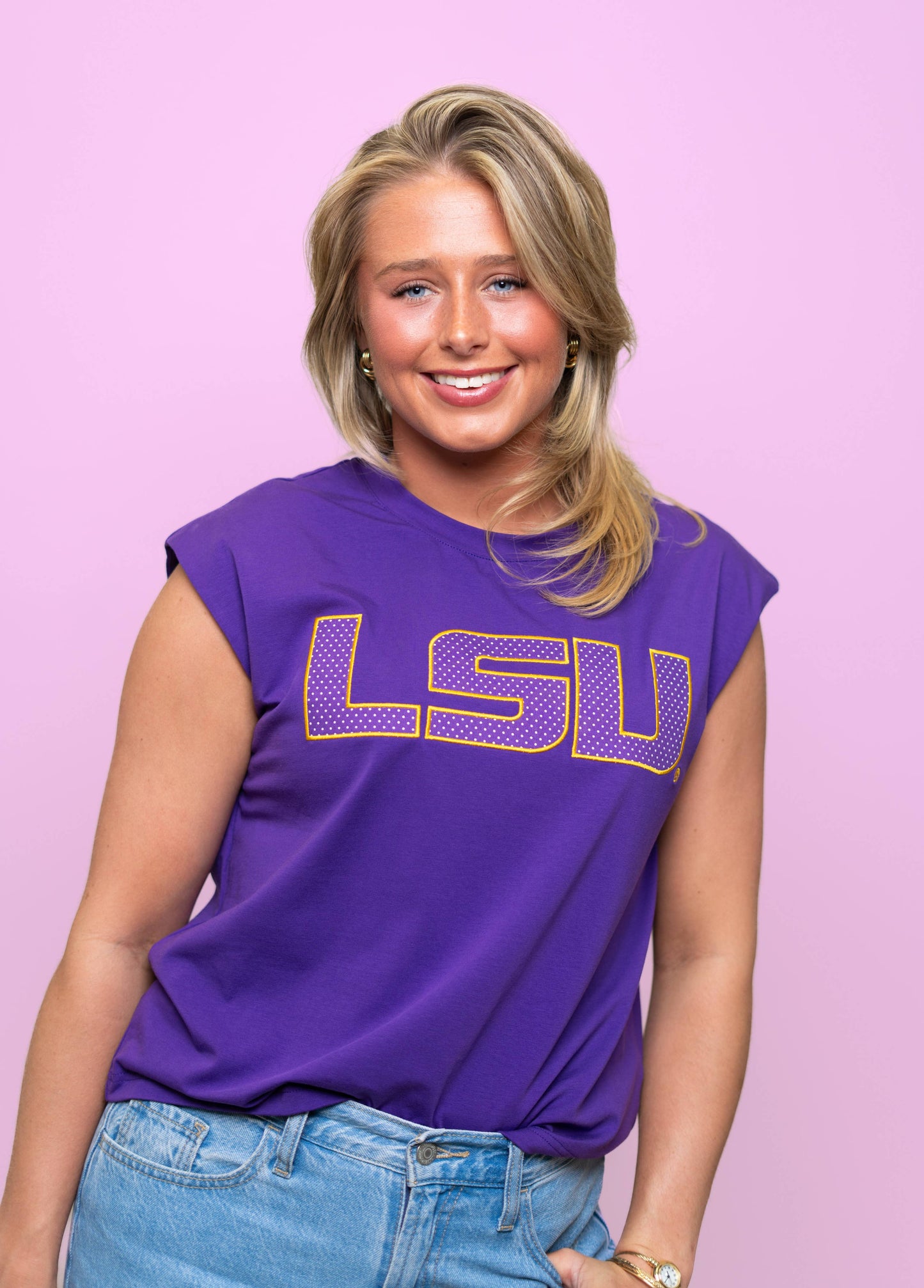 LSU (Licensed)  Women's Polka Dot Appliqué Embroidery Boxy Purple Tank