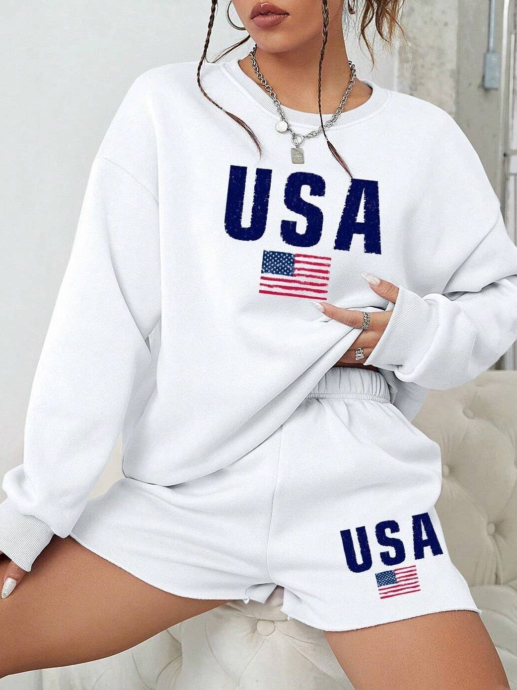 White USA Flag Crewneck Sweatshirt & Shorts Set