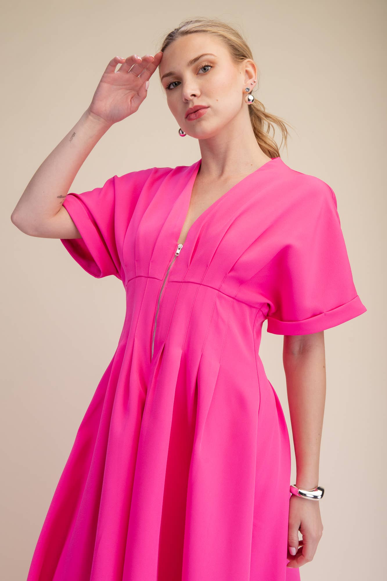 Front Zip Pleated Flare Stretch Shirt Dress
