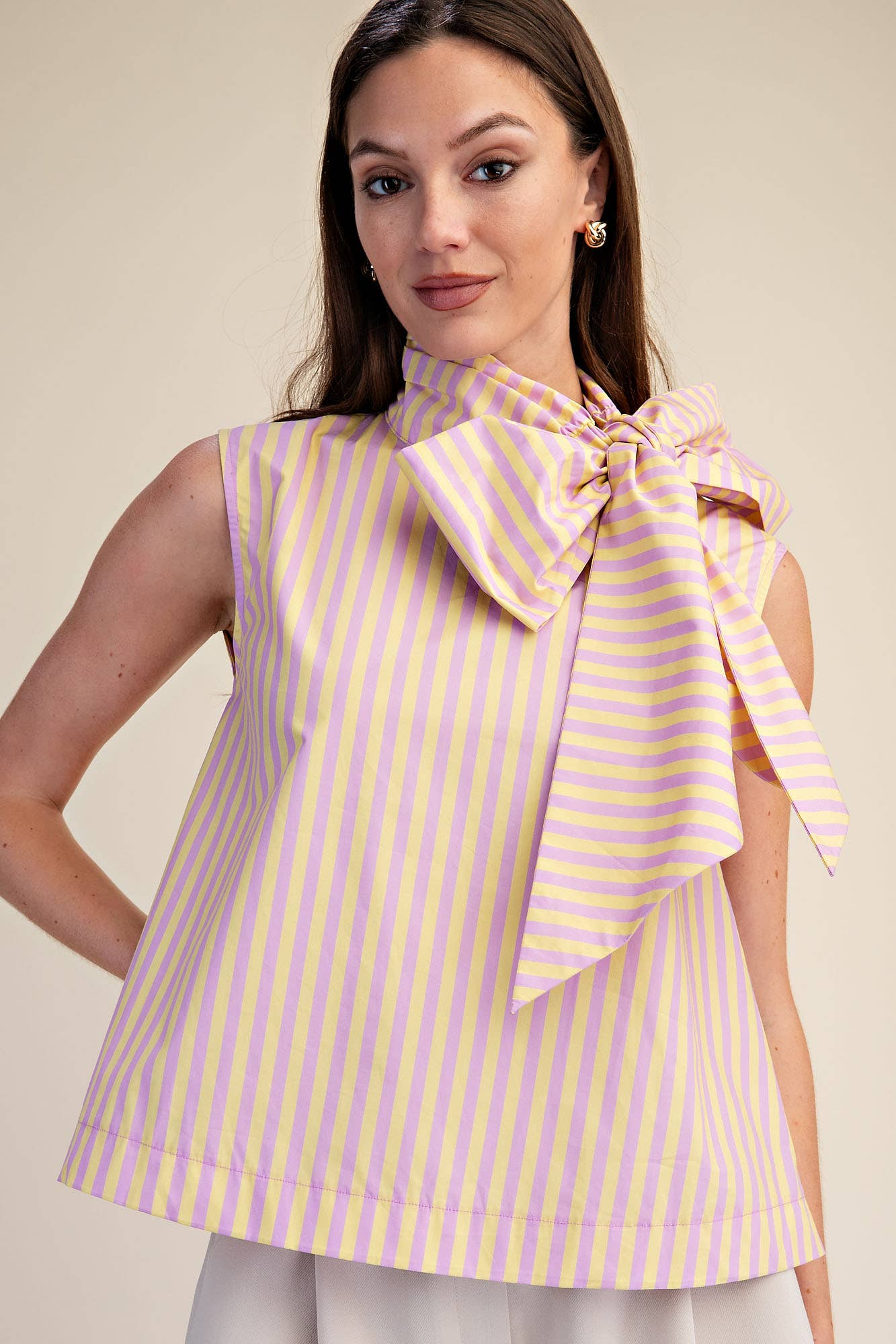 Lavender/Yellow Tie Neck Sleeveless Stripe Top