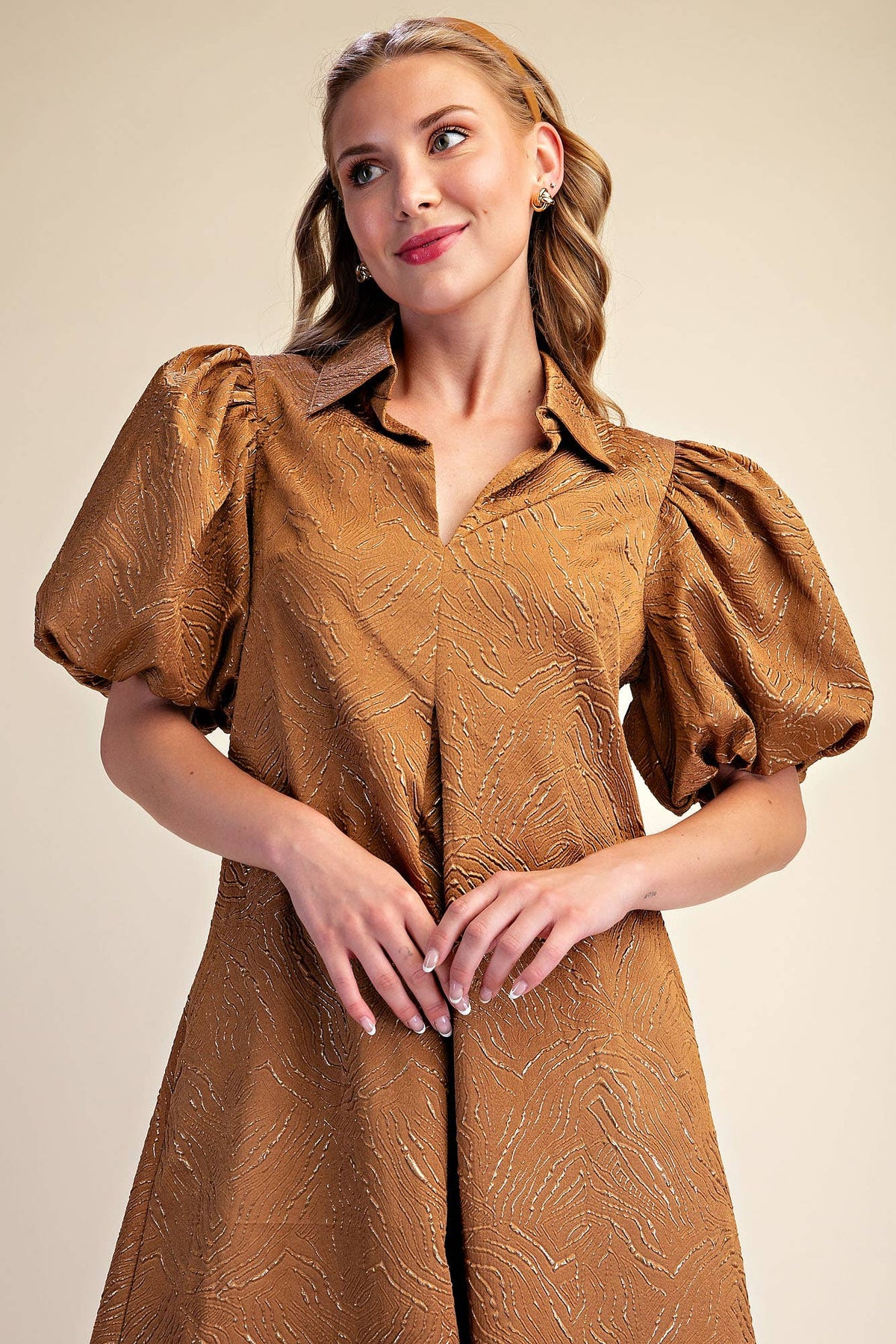 Camel Puff Sleeve Pleated Lurex Midi Dress