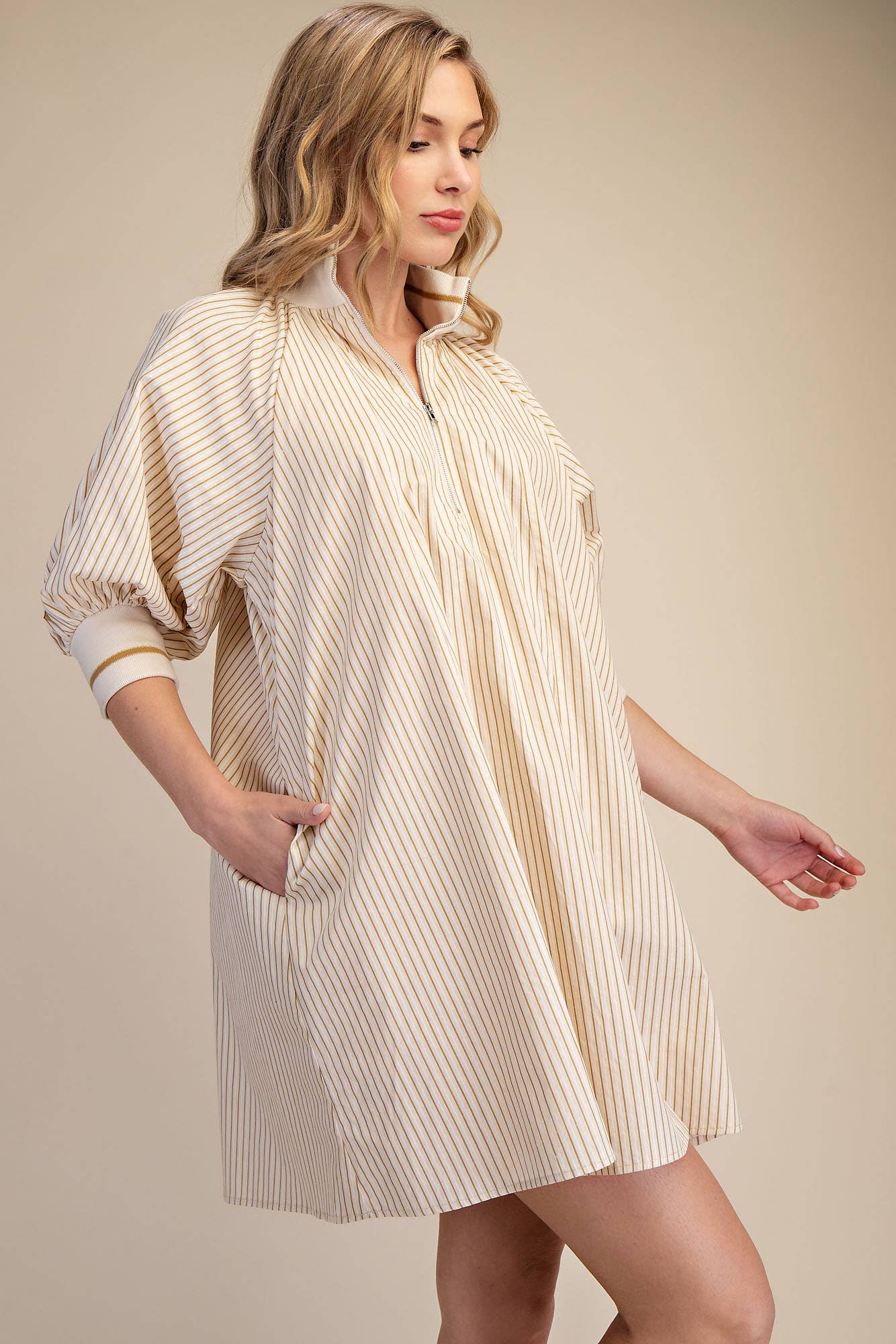 Mock Neck Band Puff Sleeve Casual Mini Dress