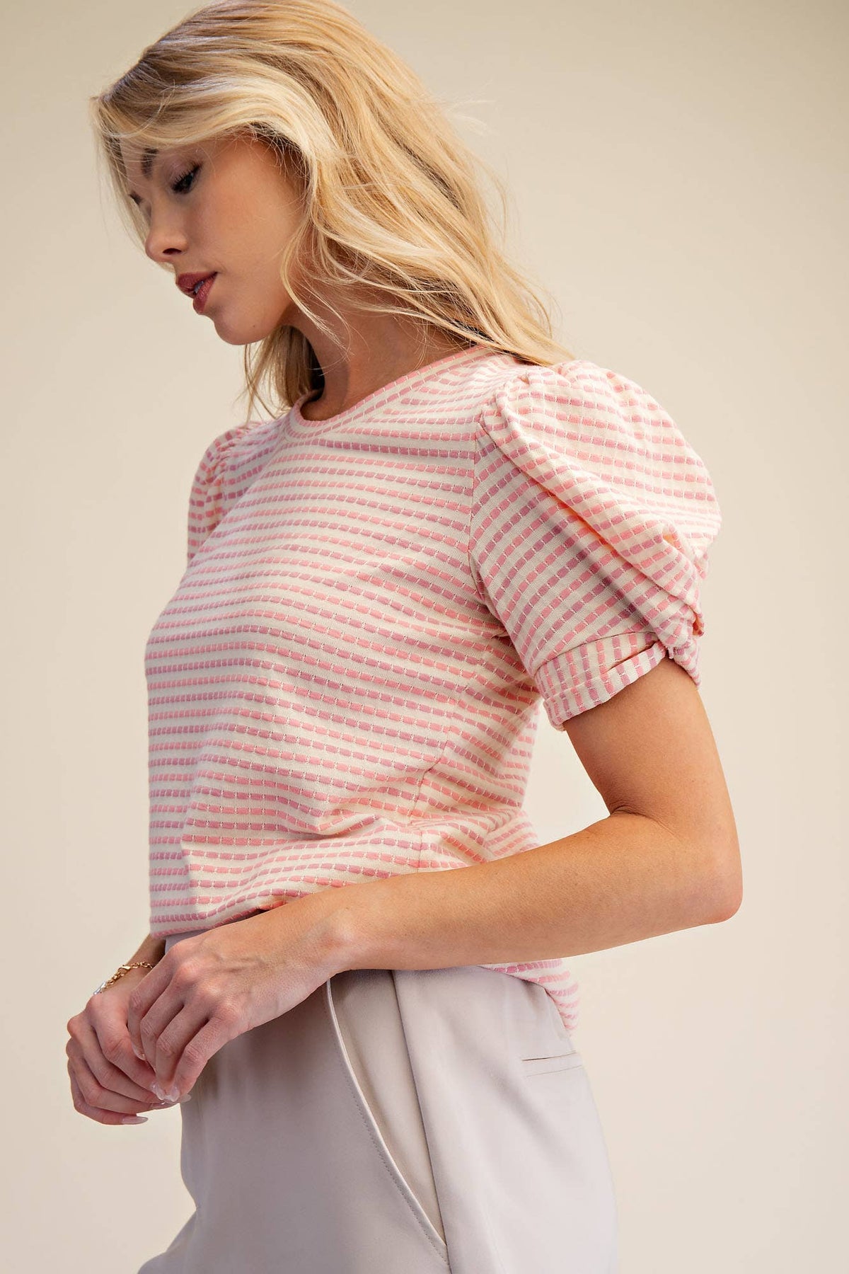 Sage Round Neck Puff Sleeve Stripe Top