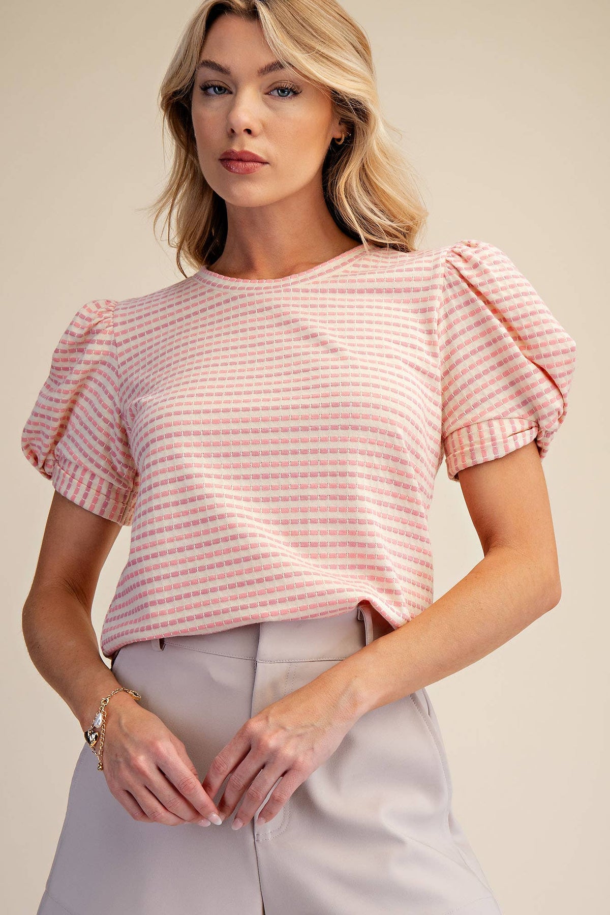 Sage Round Neck Puff Sleeve Stripe Top