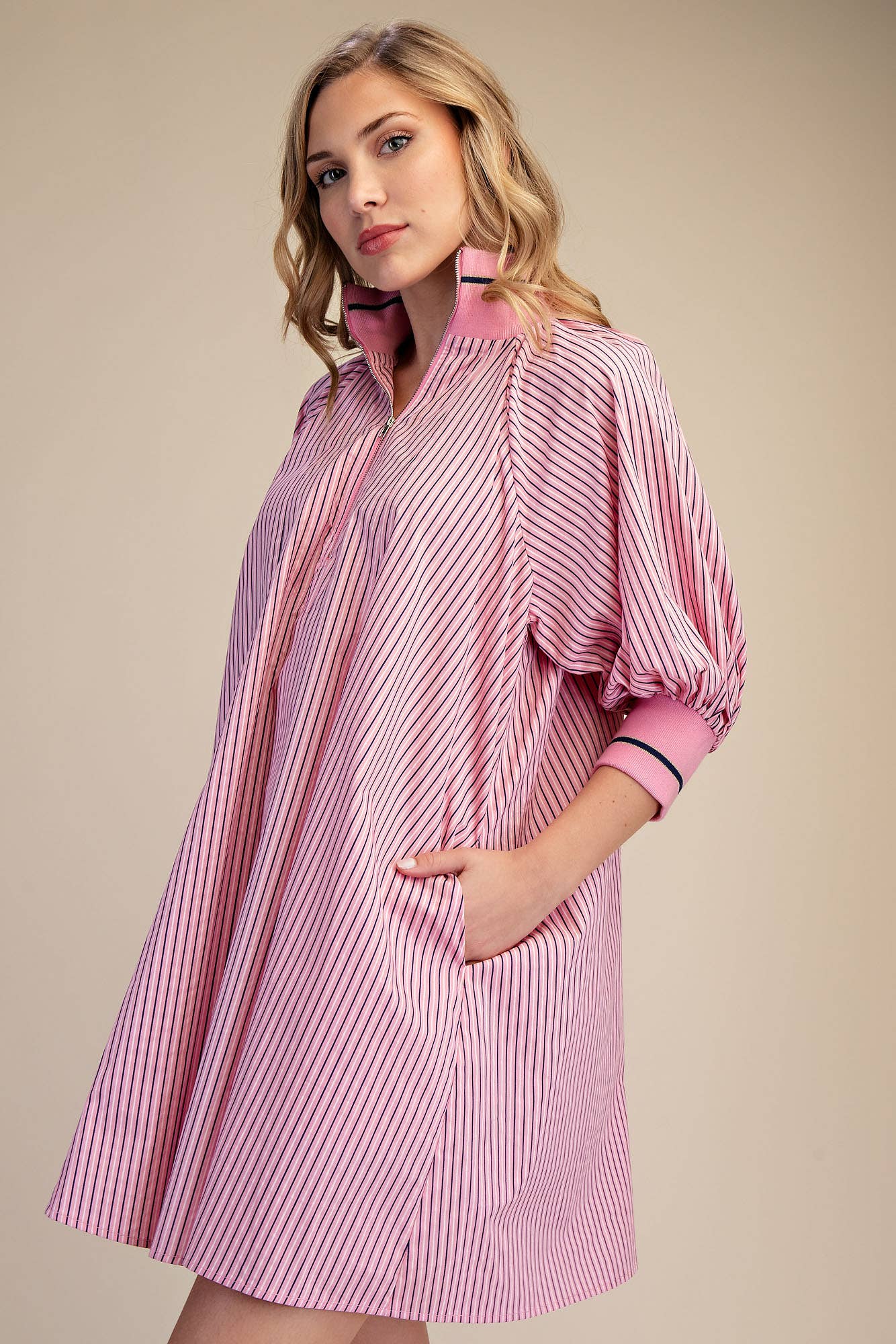 Mock Neck Band Puff Sleeve Casual Mini Dress
