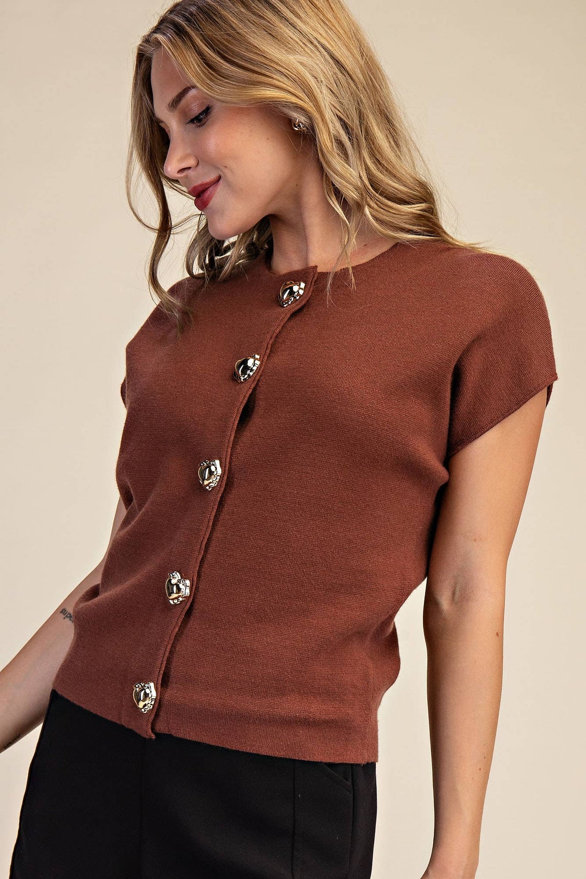 Black Dropped Shoulder Heart Button Detail Sweater