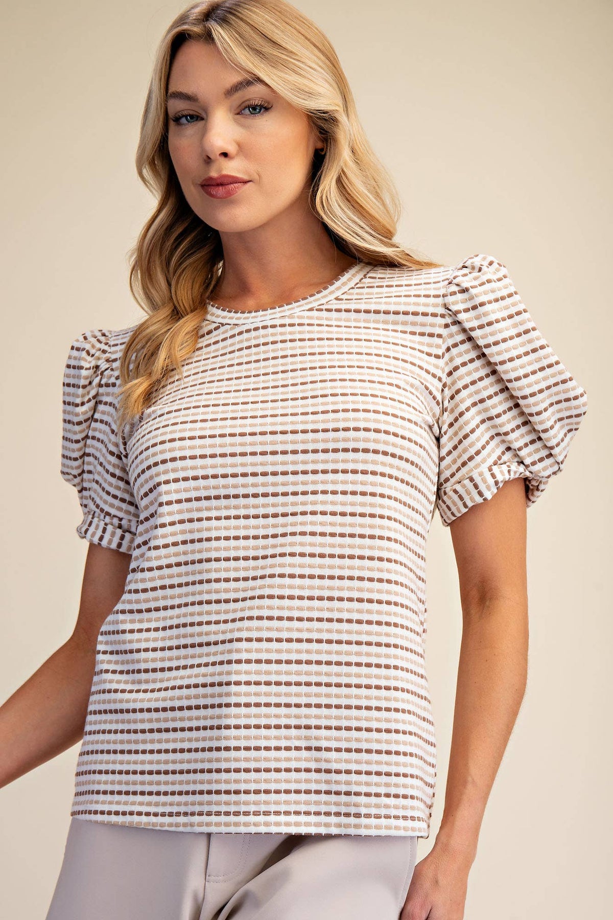 Sage Round Neck Puff Sleeve Stripe Top
